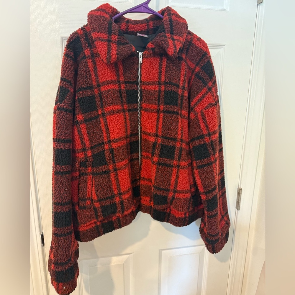 No Boundaries Red and Black Sherpa Jacket